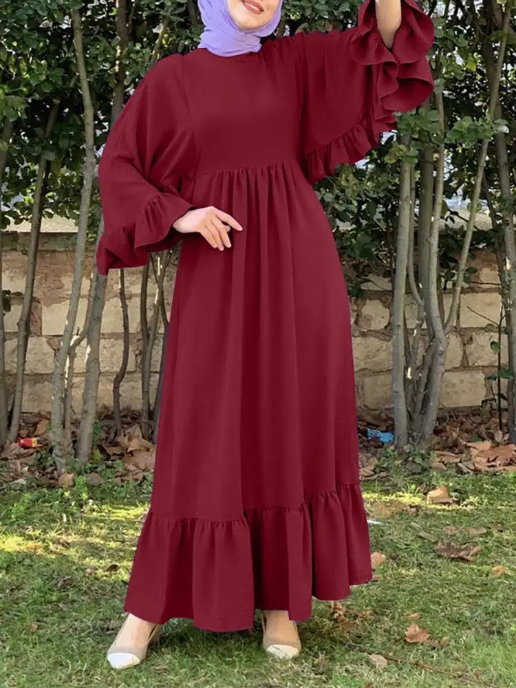 Gaun Abaya Muslim Ramadhan untuk Wanita Dubai Abayas Gaun Hijab Berlengan Kerutan Turki Pakaian Kaftan Afrika Islami Vestidos