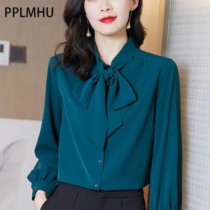 

Women Plus Size 6XL Blouses Korean Casual Lightweight Chiffon Shirts Mom Solid Basic Pullover Long Sleeve Bow Neck Wholesale Top