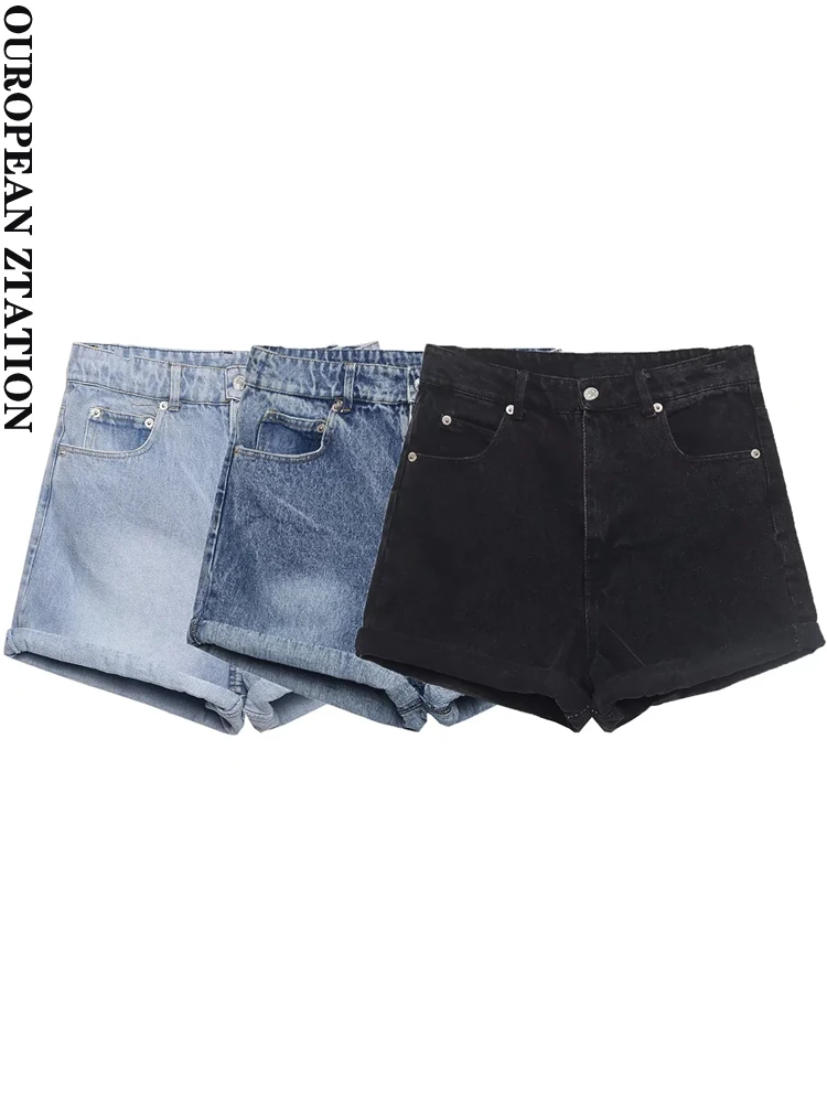 Женские джинсовые шорты-бермуды PAILETE с отложным воротником, винтажные джинсовые шорты-бермуды с завышенной талией и молнией, 2022
