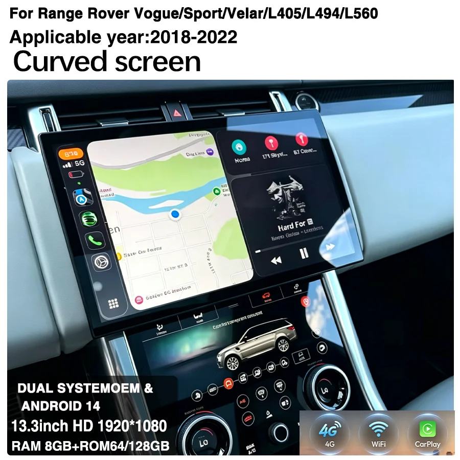 Фото 13,3-дюймовый экран с поддержкой Radio Carplay и 4G, изогнутый экран для Range Rover Vogue Sport Velar L405 L494 L560 2018-2022 годов выпуска, Qualcomm Android 14 №1