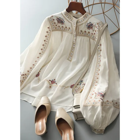 В винтажном стиле; Элегантные дамские рубашки в Корейском стиле шикарная роскошная женская обувь шикарная блузка с воротником-стойкой и цветочной вышивкой шифон Blusas 13835