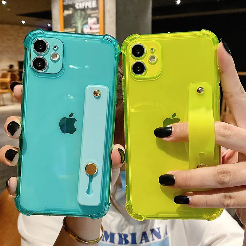 

Wrist Strap Transparent Phone Case For iPhone 11 13 11Pro Max XR XS Max X 7 8 Plus 13 12 Pro Fluorescent Color Soft Back Cover