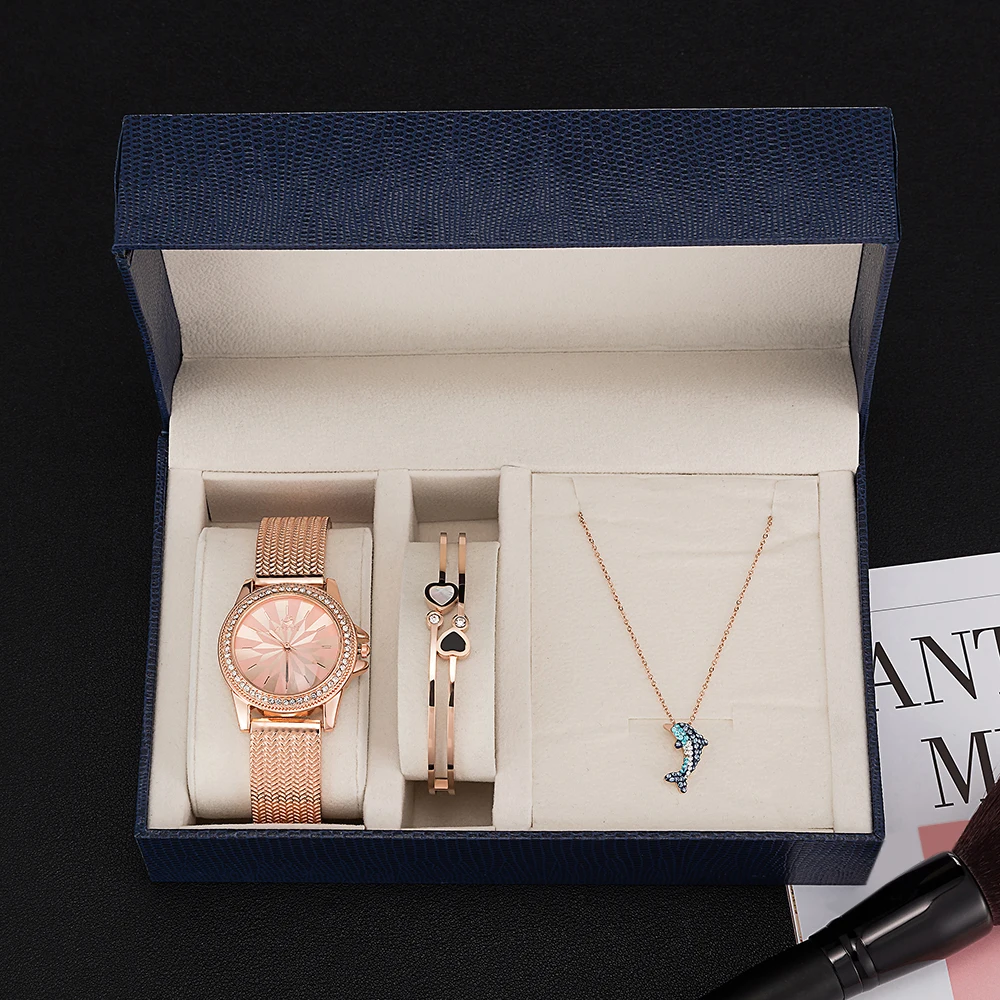 Fashion women wristwatches sets ZONMFEI brand rhinestones necklace/bracelet/watches gift box sets stainless steel  ZM013-E enlarge