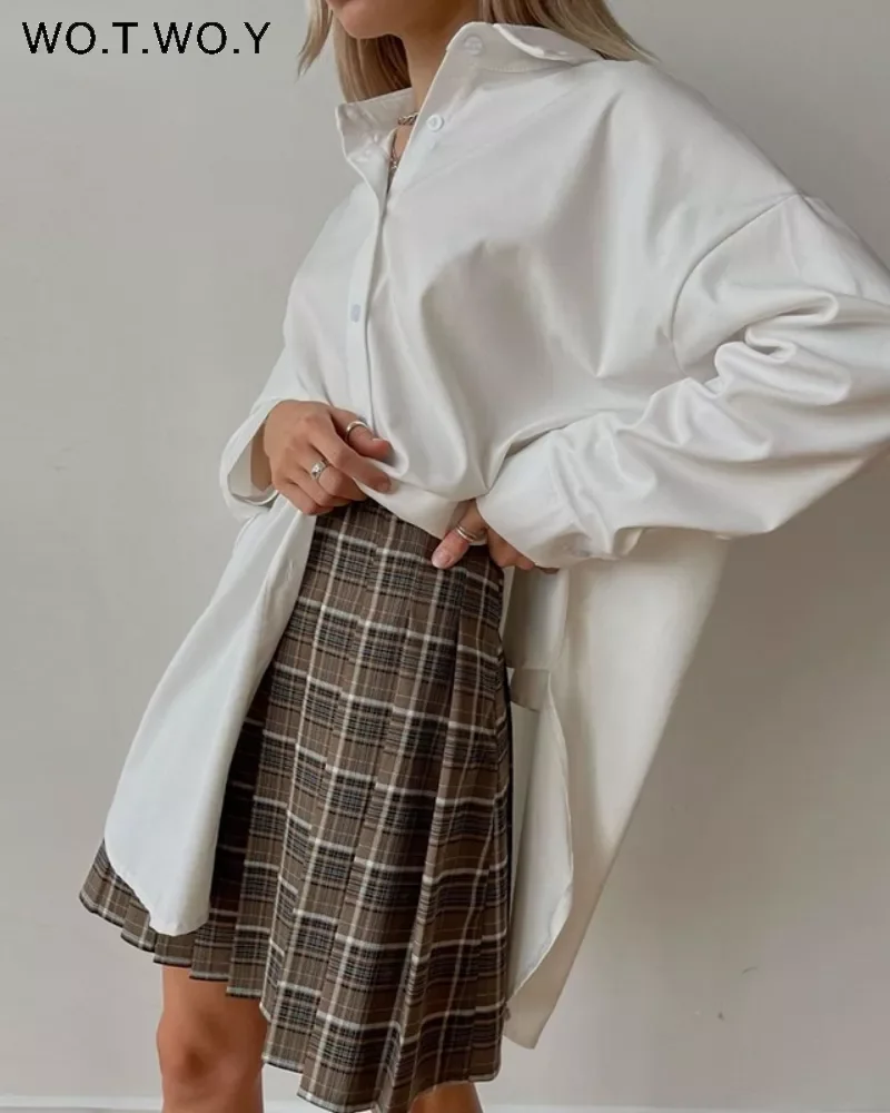 

WOTWOY High Waist Pleated Short Skirt Women Casual A Line Brown Plaid Mini Skirts Female Harajuku 2022 Korean Style Kawaii Skirt
