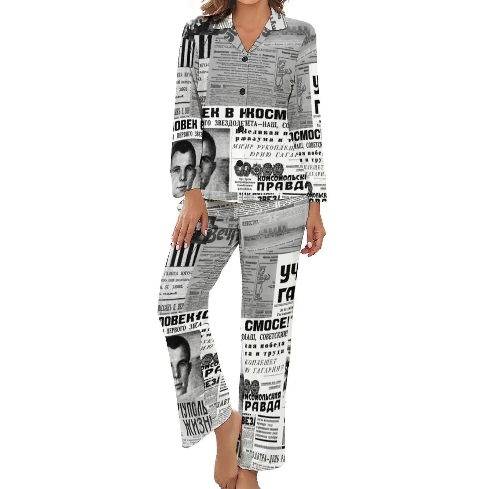 

Russian Newspapers Pajamas 2 Pieces Newspaper Collage Retro Pajama Sets Woman Long Sleeves V Neck Aesthetic Graphic Nightwear