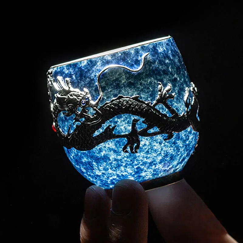 

80 ml Ceramic Teacup Silver Dragon Decoration Tea Cups Master Cup Chinese Kung Fu Tea Set Crafts Home Adornment for Friend Gifts