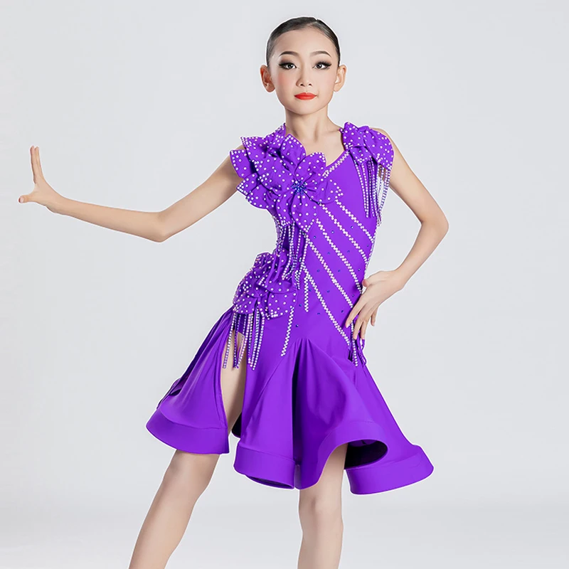 

Женское летнее платье для латиноамериканских танцев, фиолетовое танцевальное платье со стразами, одежда для девочек, детские сценические бальные костюмы для соревнований, SL6781