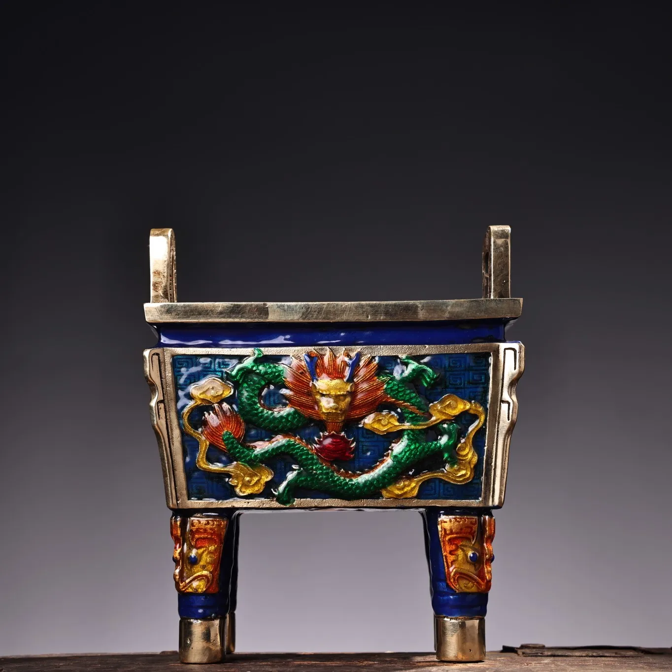 

6"Tibetan Temple Collection Bronze Cloisonne Enamel Dragon texture Square tripod Four legs incense burner Amass wealth Exorcism
