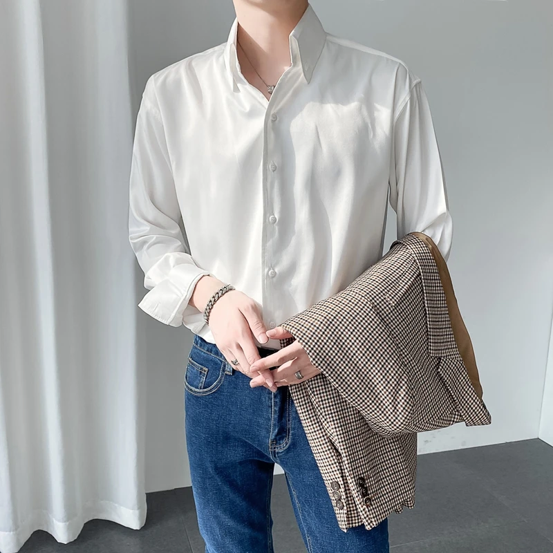 Korean Shirts for Men's 2022 Spring Solid Casual Long Sleeve Shirt High Quality Male Clothing Streetwear Loose Blouse Masculina