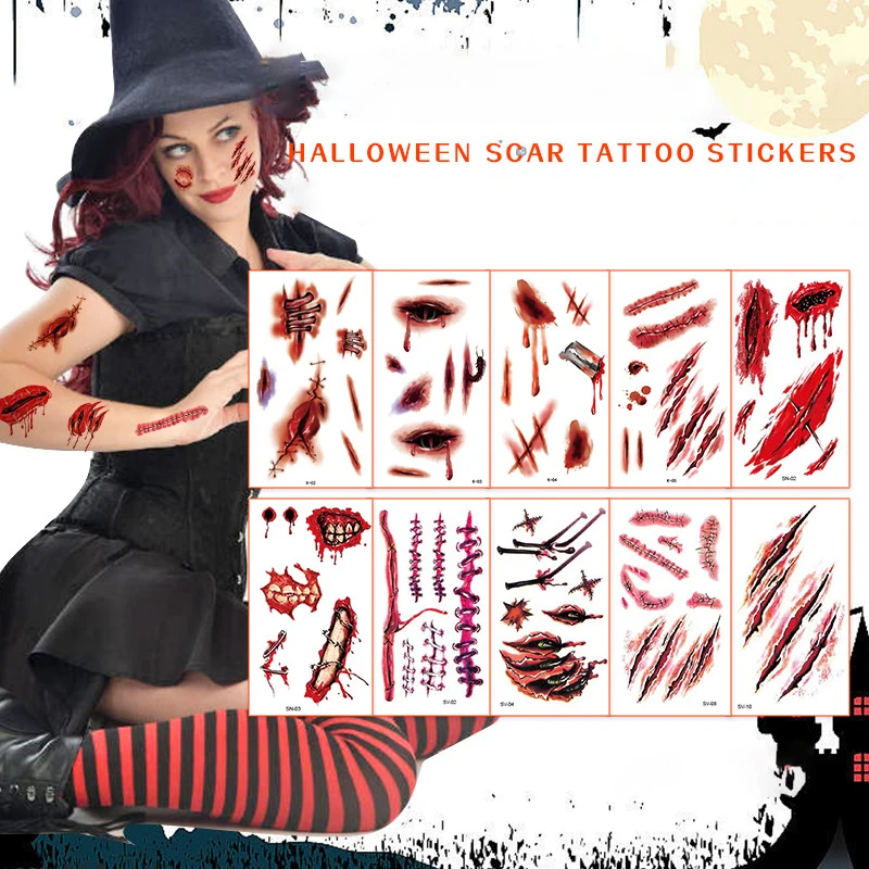 

Halloween Temporary Tattoos Stickers Zombie Scar Tattoos With Bloody Makeup Wounds Decoration Wound Scary Blood Injury Sticker