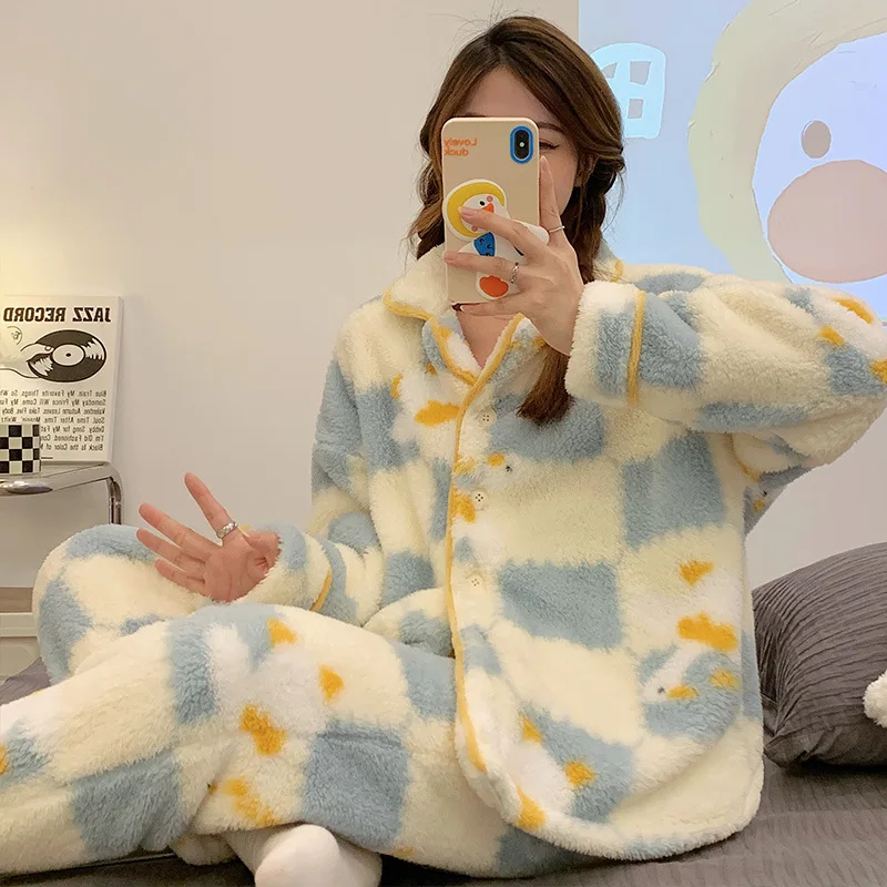 Yasuk Autumn Winter Fashion Women's Casual Lovely Print Dunk Warm Soft Sleepwear Pajamas With Pants Velvet Pullover Thick Button