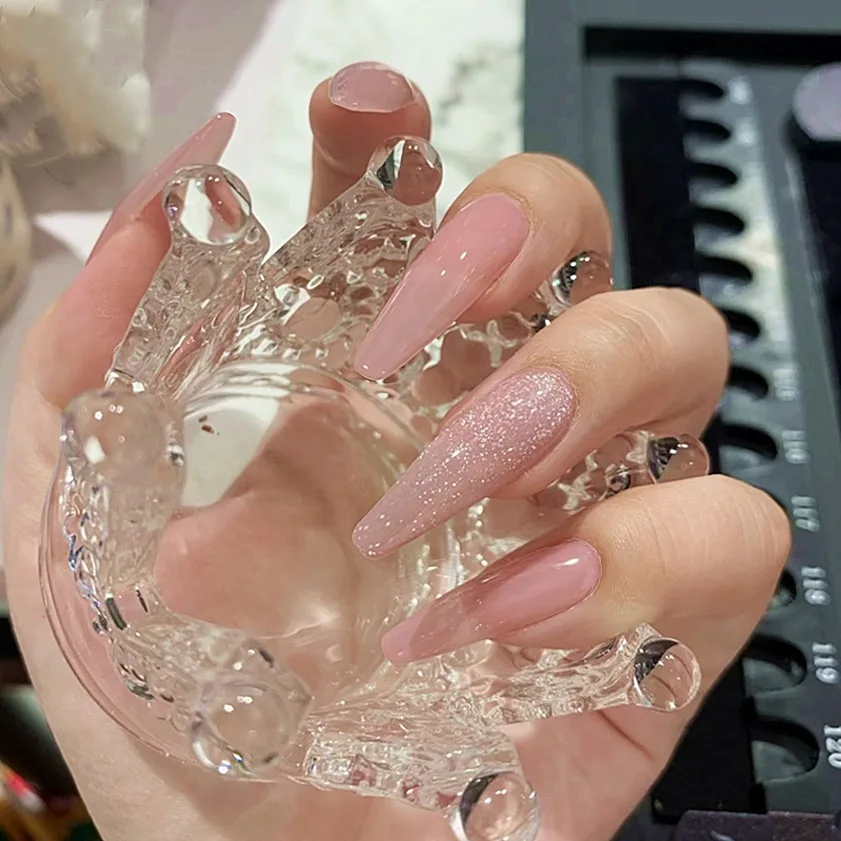 

24pcs Elegant Korean Style Glossy Light Pink Solid Color Glitter Press on Nails with Gel Effect Long Coffin Acrylic Fake Nails