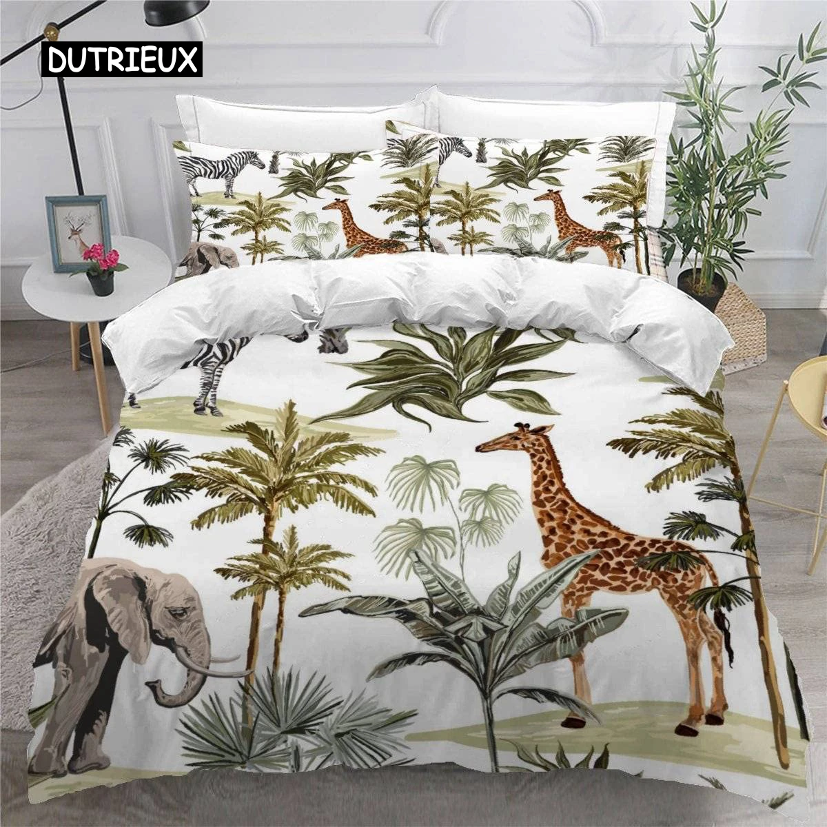 Jungle Animals Duvet Cover 3D Cartoon Forest Bedding Set for Kids Girls Soft Microfiber Quilt with Zipper Closure