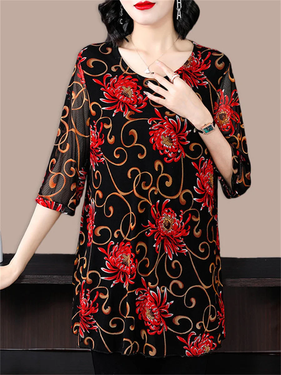 

6XL Loose Women Spring Summer Blouses Shirts Lady Fashion Casual Half Sleeve O-Neck Collar Flower Printing Blusas Tops TT2149