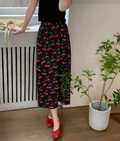 korean version of the new retro print high waist womens skirt harajuku slit elegant midi skirt