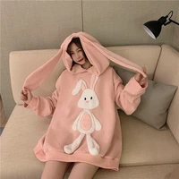 deeptwon bunny hoodie women kawaii pink korean rabbit sweatshirt 2022 embroidery pullover loose long sleeve plus size cute tops