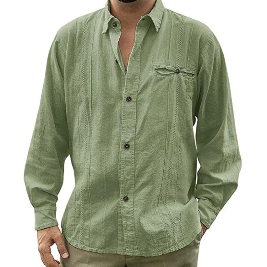

Рубашка мужская с отложным воротником, модная повседневная однотонная пляжная блузка на пуговицах, с длинным рукавом, одежда на осень