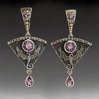 vintage flying dragon big drop earrings for women hyperbole animal jewelry triangle carved metal purple crystal dangle earring