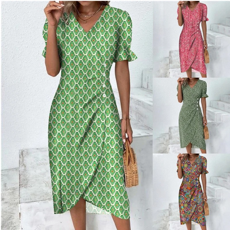 

Elegant Women's Dresses Flower 2023 Spring/Summer Print Bubble Sleeve Split Dress Lady Robe S-5XL