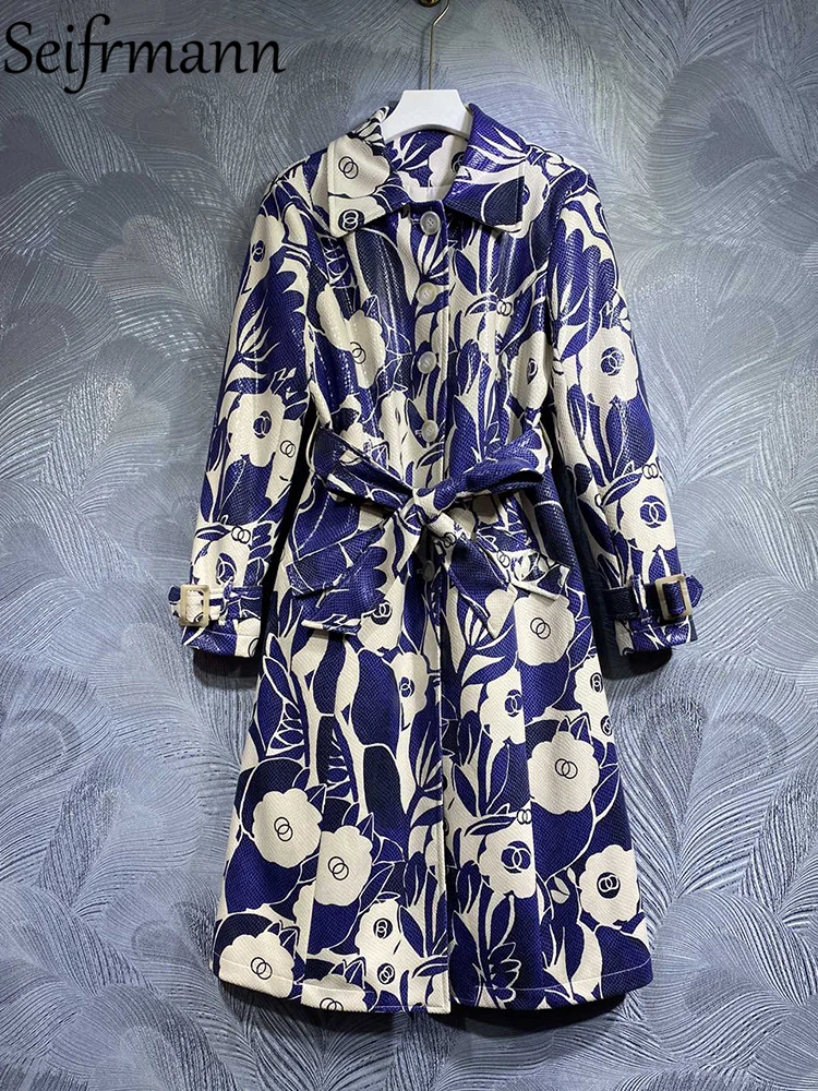 

Женский свободный однобортный тренчкот Seifrmann, модельный тренчкот синего цвета с длинным рукавом, поясом и цветочным принтом, зима 2023