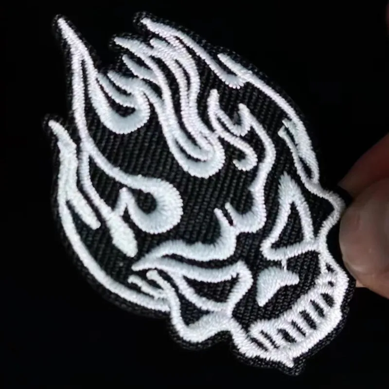 

Embroidery Cool Patch Skull head Fire Iron on Patch for clothing accessories Black Style Pattern Logo Strange things Diy Gifts