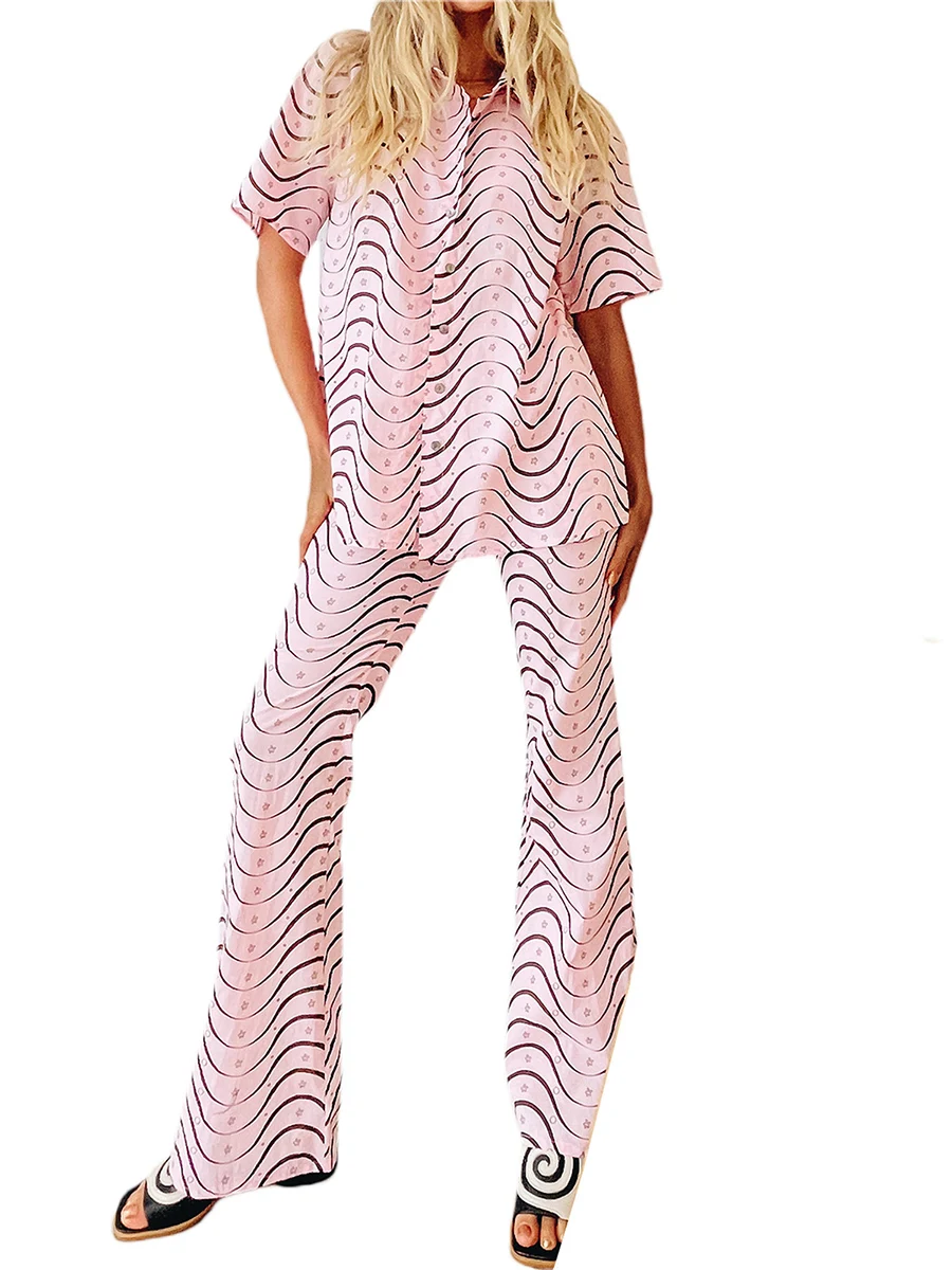 

Women s 2 Piece Casual Floral Outfits Pleated Long Sleeve Button Down Shirt High Waist Trousers Outfits Summer Lounge Wear