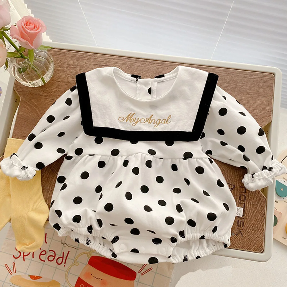 

Christmas Baby Girl Long Sleeve Bodysuit Cotton Polka Dot Sailor Collar Spring Autumn Princess Infant Clothing
