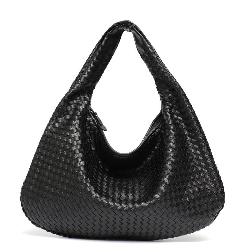 

New Vegan Leather Hobo Bag Handmade Woven Casual Female Handbag Big Capacity Patchwork Zipper Women Shoulder Bags