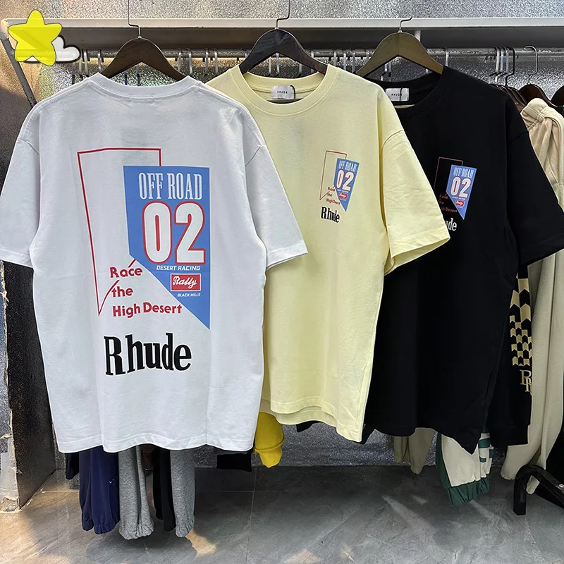 

Loose Casual Spring Summer RHUDE T Shirt Men Women Couple Raceway Style Cotton Black White Apricot Short Sleeve Simple Tee
