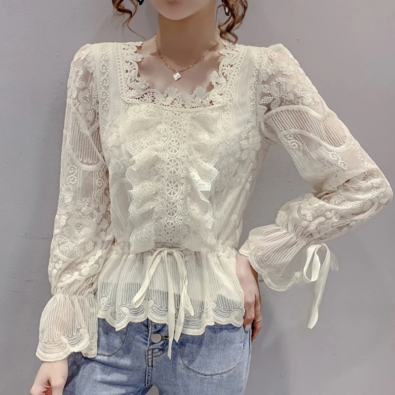 

Autumn Women's Long Sleeve Square Neck Flare Sleeve Hollow Solid Lace Chiffon Shirt Blouse Women Blusas Mujer Women Tops C810