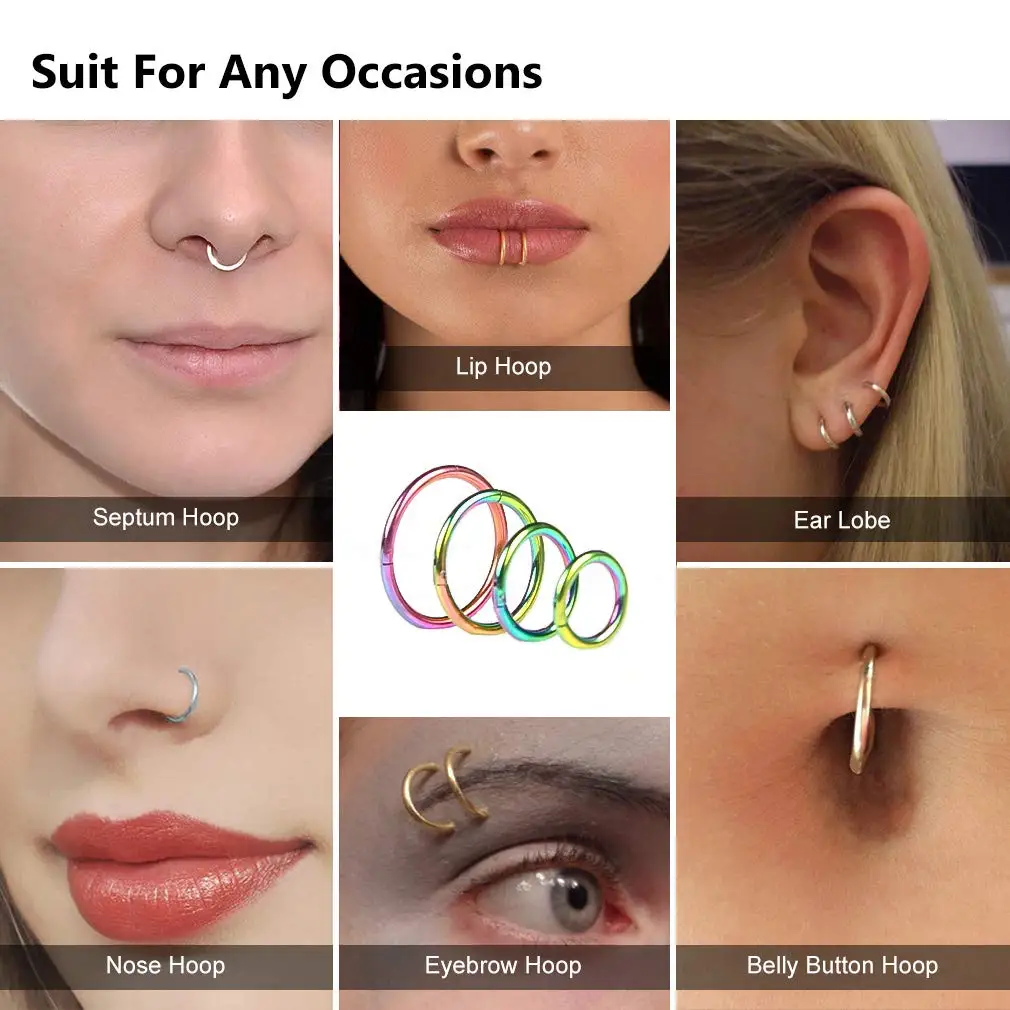4PCS Hinged Hoop Earrings Titanium Clicker Segment Nose Ring Helix Cartilage Septum Piercing Unisex Rainbow Body Jewelry Set