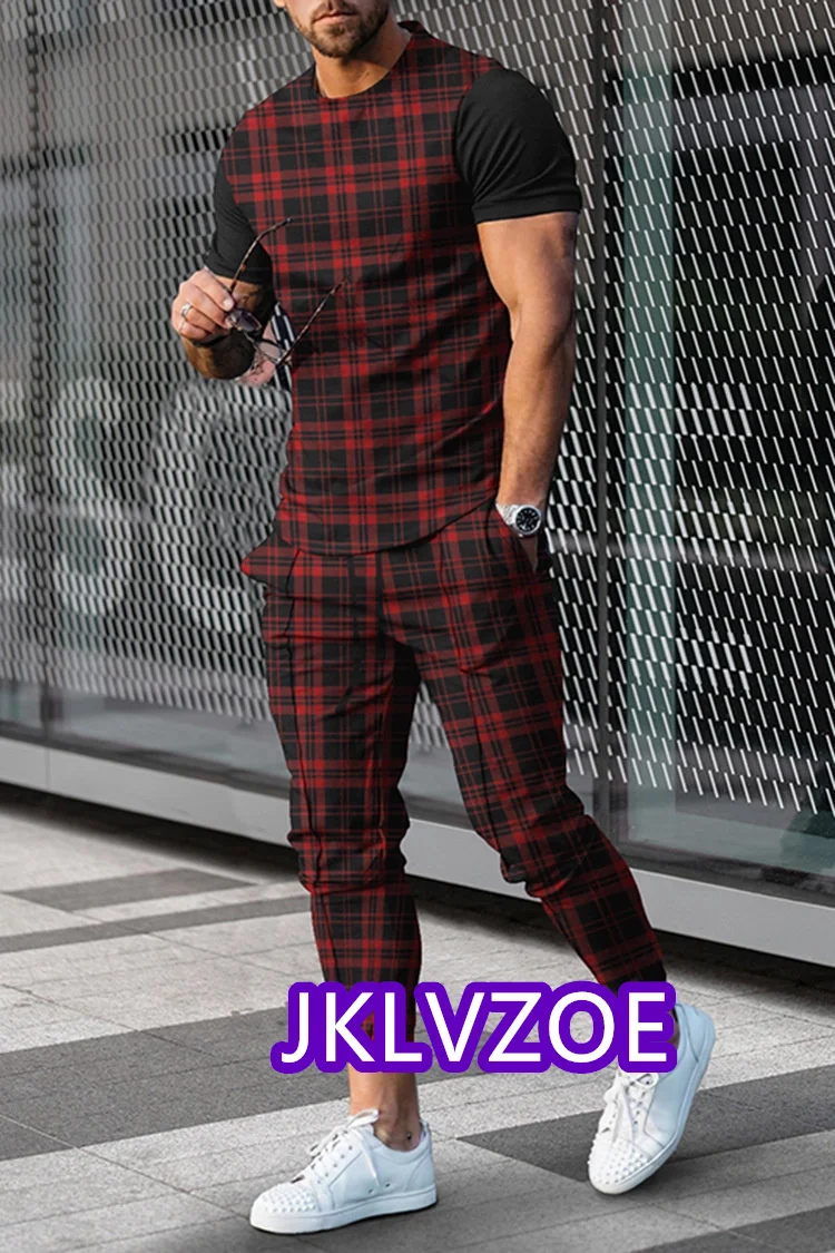 Men's Tracksuit Sportswear 2-piece Sports Suit Men Summer3D Printed T-shirt Set Fashion Trousers Striped Geometric Printed Shirt