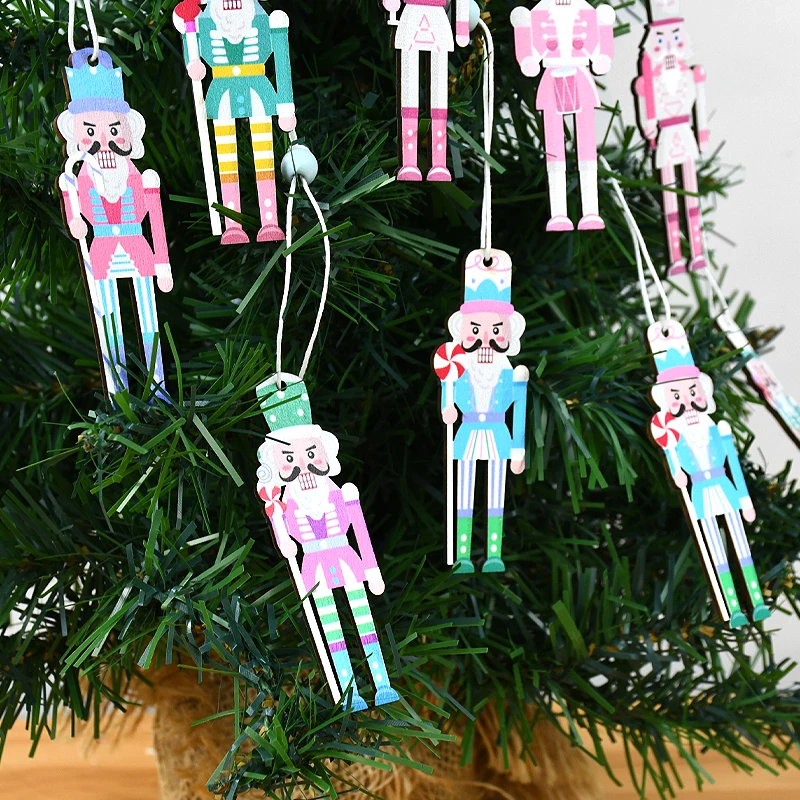 8/12Pcs Cute Nutcracker Puppet Zakka Christmas Wooden Ornaments Walnut Soldier Pendant DIY Color Printed Xmas Tree Accessories