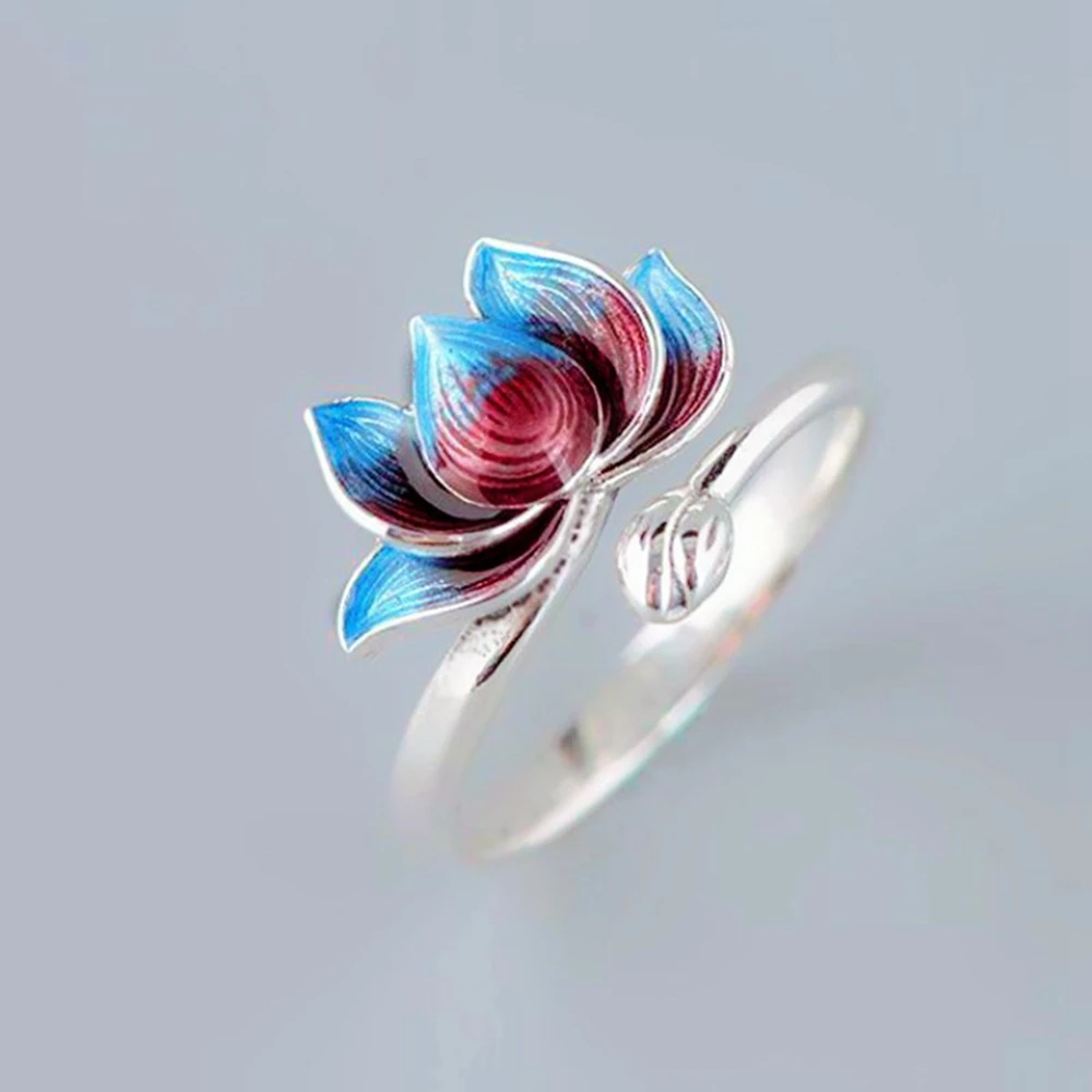

2023 Vintage Boho Colorful Lotus Rings for Women Girls Sweet Chic 925 Sliver Plated Flower Open Ring Retro Lucky Jewelry Gift