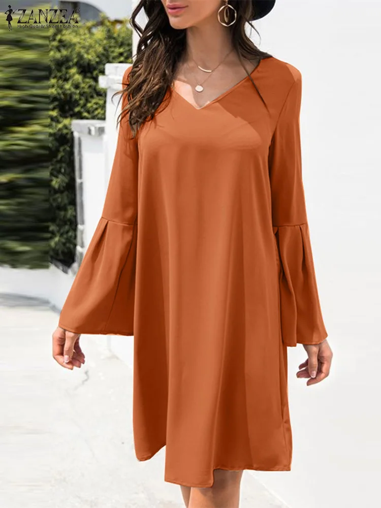 

Мини-платье ZANZEA женское с расклешенными рукавами, повседневное свободное однотонное короткое платье с V-образным вырезом, модная одежда для...