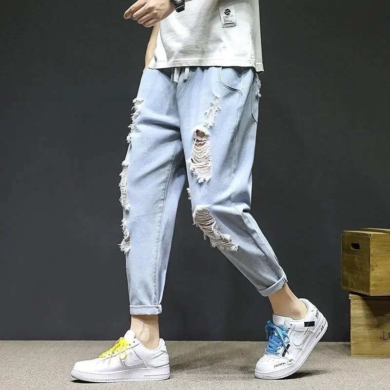 Summer Ripped Jeans Men's Thin Loose Straight Cropped Pants Men's Hong Kong StyleinsFashion Brand Casual Pants Men's Fashion