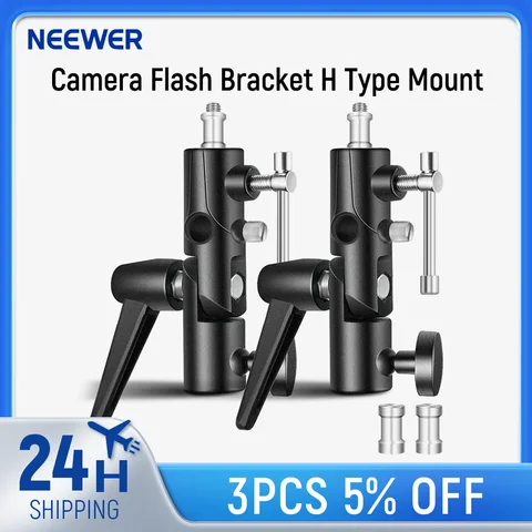 Кронштейн для вспышки камеры NEEWER, крепление типа H с держателем для софтбокса для зонта, 180 ° Поворотный регулируемый металлический адаптер для подставки для светильника (2 шт.)