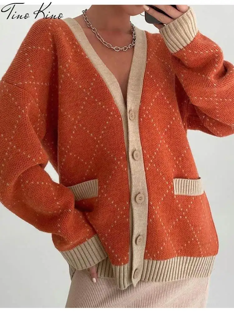 Свободный зеленый кардиган Y2K женский свитер с V-образным вырезом вязаные