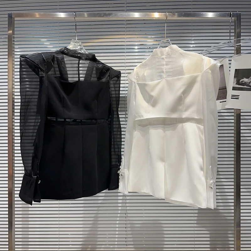 2023 Spring and Summer New Socialite Mesh Stitching Long Sleeves Padded Shoulder Solid-Colored Sun Protection Suit Jacket Women