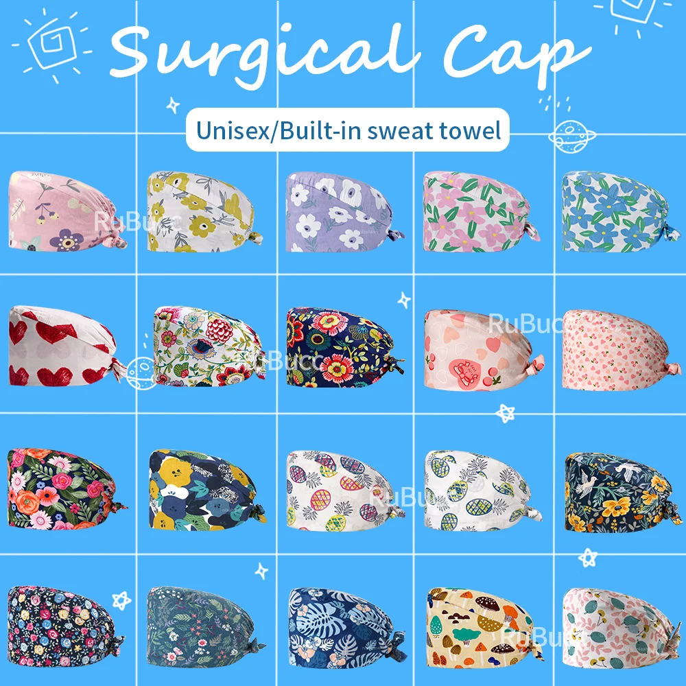 

New Cotton Scrub Caps for Women and Men Hospital Medical Hats Dental Clinic Print Elastic Tieback Section Surgical Cap Wholesale