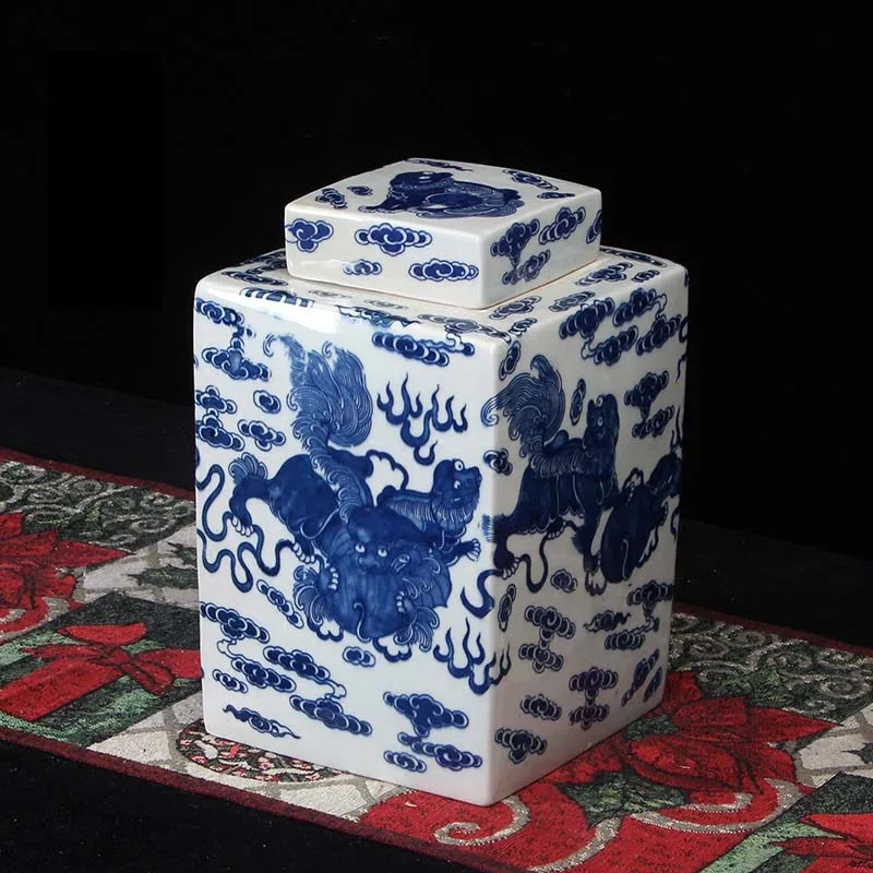 

Китайская квадратная ваза, прямоугольная длинная банка в виде льва, монстра, КИЛИНА, антикварная китайская синяя и белая фарфоровая декоративная фотография, 10 дюймов