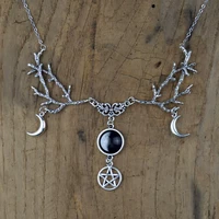 gothic necklace galaxy space crescent witch fantasy forest branch pentagram pendant pagan witchcraft magic jewelry