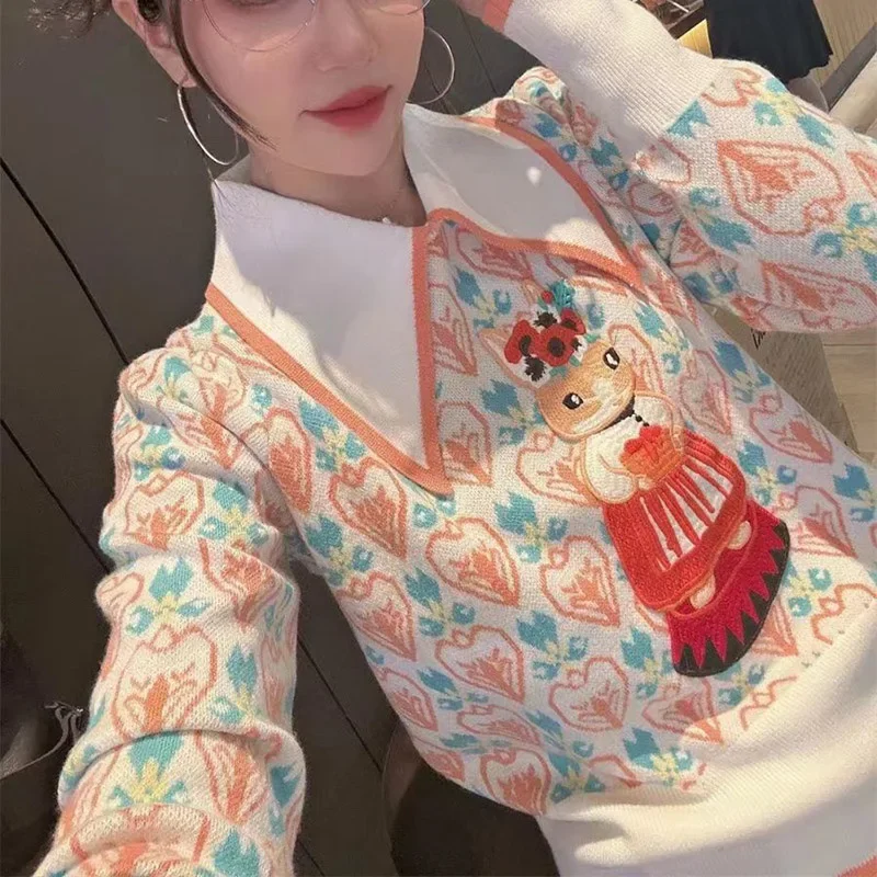 Вязаный свитер с кукольным воротником и длинными рукавами для женщин