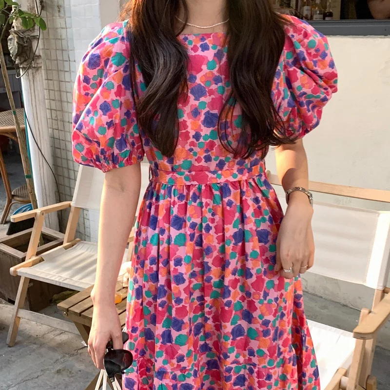 

Korean New Summer Women Long Dress O-neck French Floral Dress Casual Women Elegant Vintage High Waist Dress Vestidos with Belt