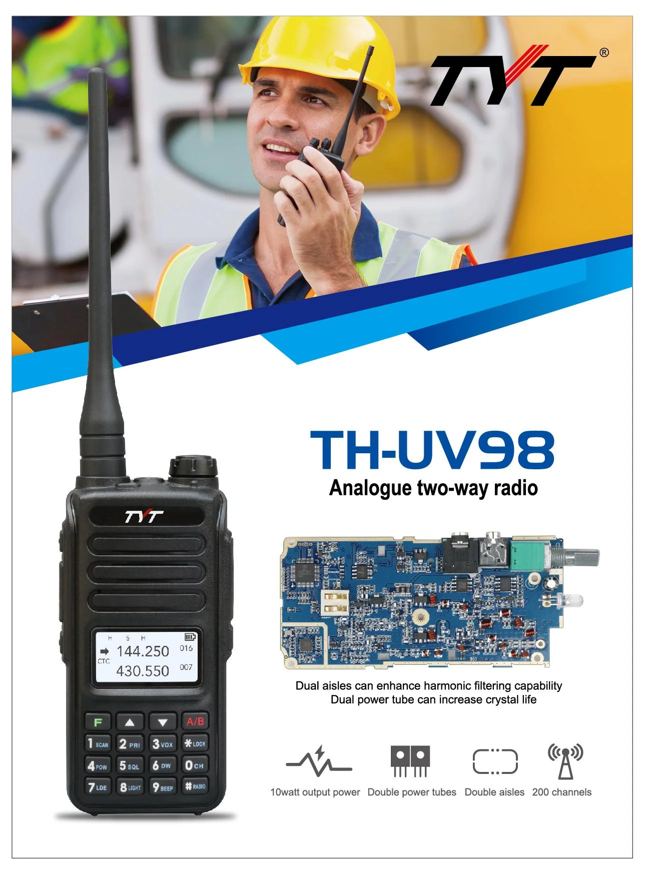 TYT TH-UV98 10W Walkie Talkie 136-174/400-480MHz Dual Band Audio Scrambler FM Handheld Analog Two Way Walkie Talkie Receiver