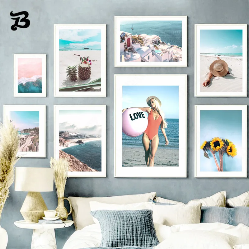 

Canvas Painting Wall Art Dea Waves Sandy Beach Pineapple Woman Canvas Posters Prints Modern Scenery Pictures Home Decoration