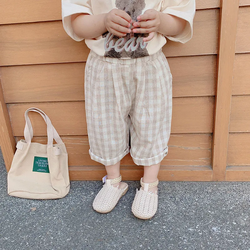 

MILANCEL 2022 Summer Children's Ninth Pants Casual Thin Plaid Trousers Girls' Pants