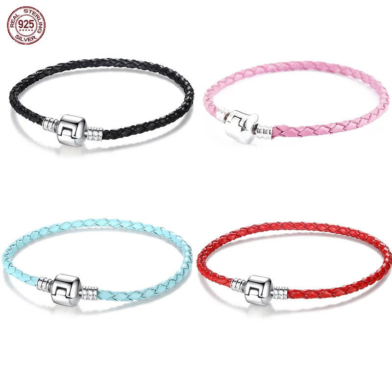 

Браслет из серебра 925 пробы с кожаным шнуром, Многоцветный Плетеный браслет, подходит для оригинальных бусин pandora, ювелирные изделия «сделай...