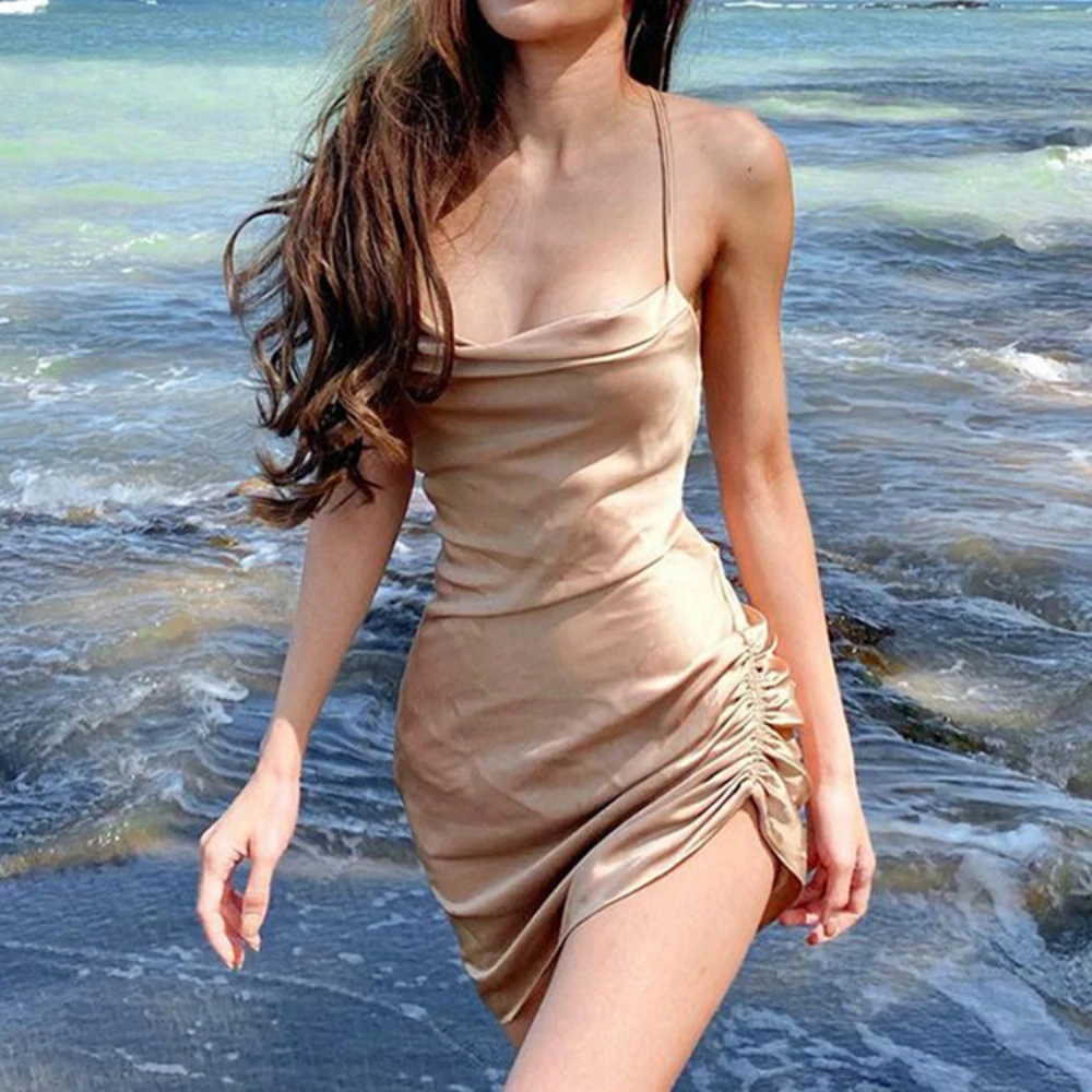 

Homemade Silk Sling Sexy Mini Dress Backless Prom Bandage Slim Smudged Asymmetric Women's Party Dress Elegant Money Robe White