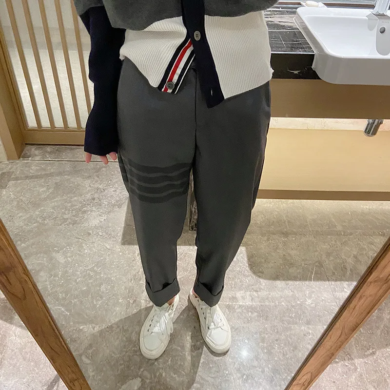 TB Pants Women's Trendy Korean High-waisted Straight-leg Striped Cropped Pants Loose and Thin Gray Small-footed Pipe Pants